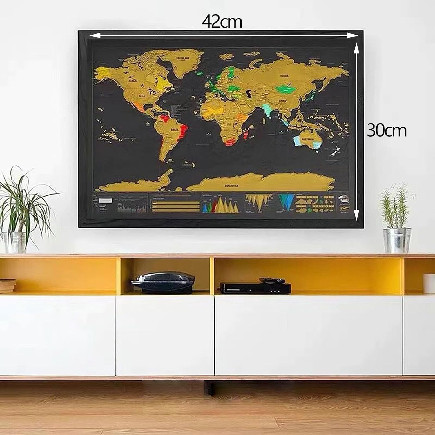 Skrapkarta över världen – Skrapa fram dina länder med världskartan 42x29 cm med reseklistermärken (guld/svart)