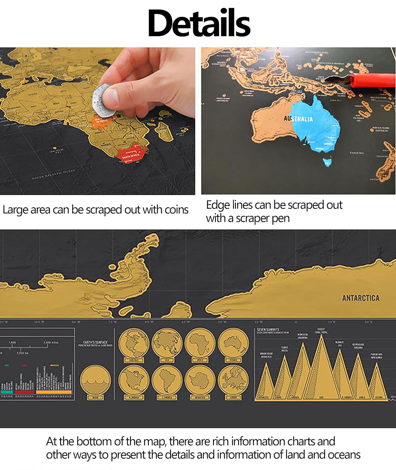 Skrapkarta över världen – Skrapa fram dina länder med världskartan 42x29 cm med reseklistermärken (guld/svart)