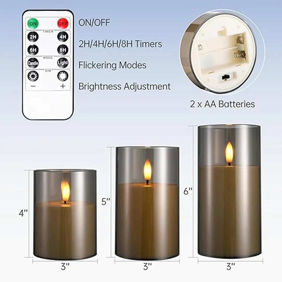 3 st flamfria LED-ljus med fjärrkontroll – 3D-veke, batteridrivna