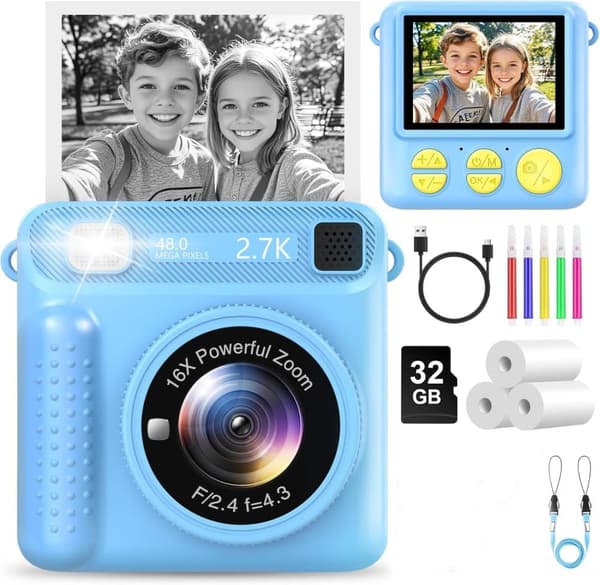 Barnkamera med omedelbar utskrift och pappersrulle – Rolig digital skrivarkamera