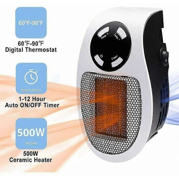 Keramisk Mini Fläktvärmare Plug-In (500 W) Låg energiförbrukning Justerbar Termostat 180°