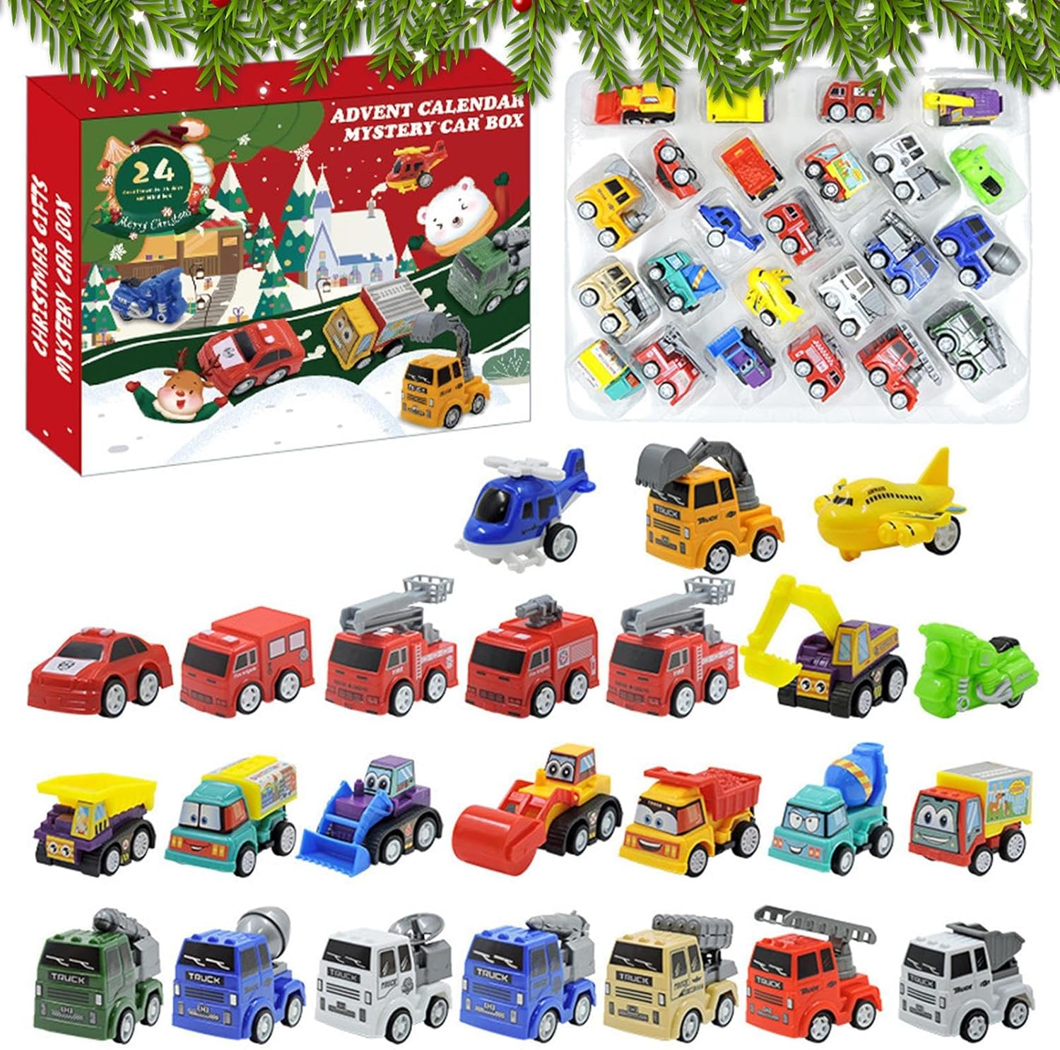 Leksakslastbil Bilar Adventskalender 2025 – 24 dagar med byggfordon och bilöverraskningar Julkalender för barn (3–8 år)