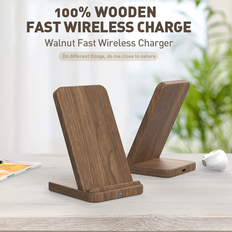 Trådlös laddningsställ i bambu och valnöt – Telefonhållare med snabb laddning