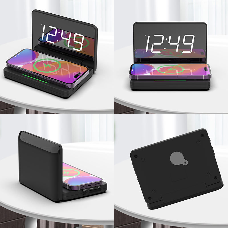 Mini LED digital väckarklocka med trådlös laddare – Hopfällbar resemodell