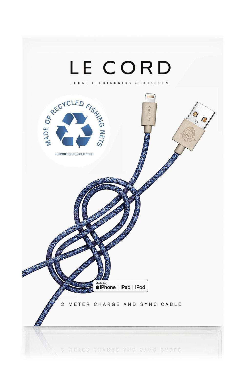 Bleu iPhone kabel Tillverkat av återvunna fiskenät 2 meter