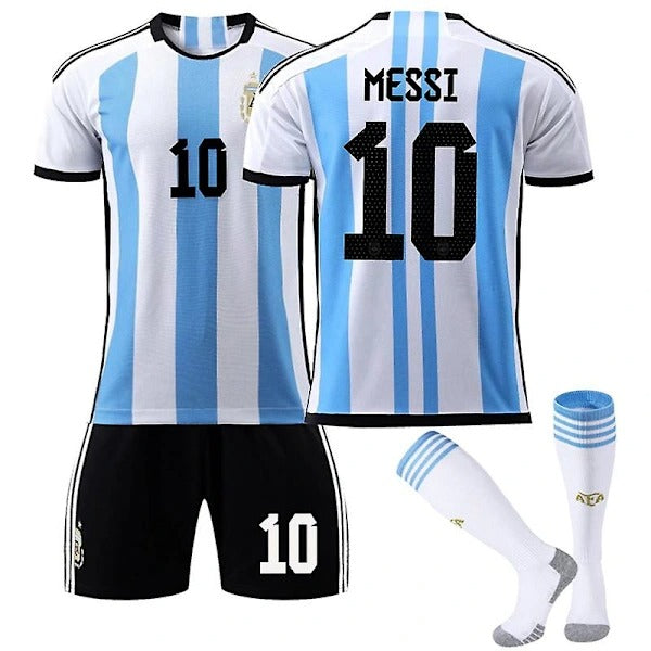 Argentina World Cup Men's Home Shirt Messi #10 Soccer Jersey Kit Kids and Adults
