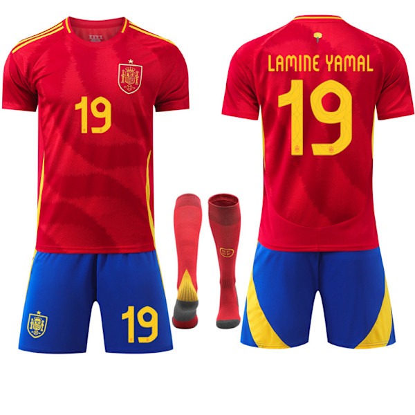 2024-2025 Spain Home Red No. 19 Lamine Yamal Soccer Kit Kids Adult Size