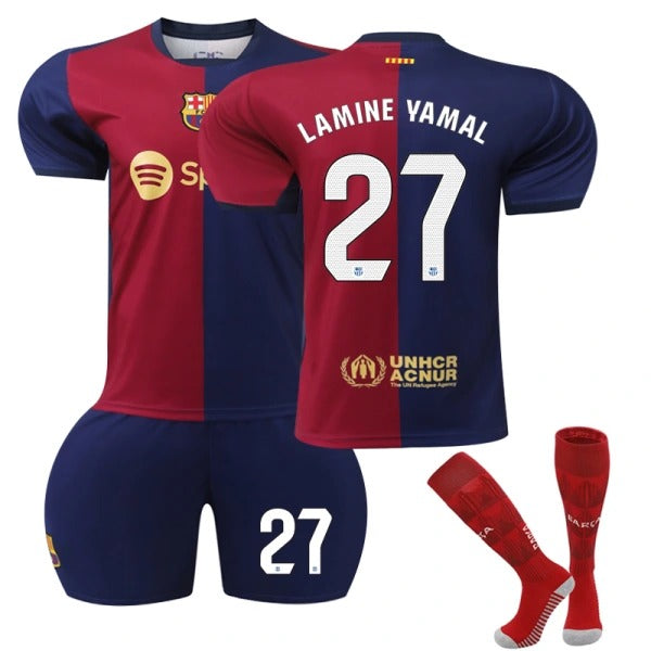2023-2024 Lamine Yamal 27 Barcelona Home Soccer Jerseys for Children and Adults