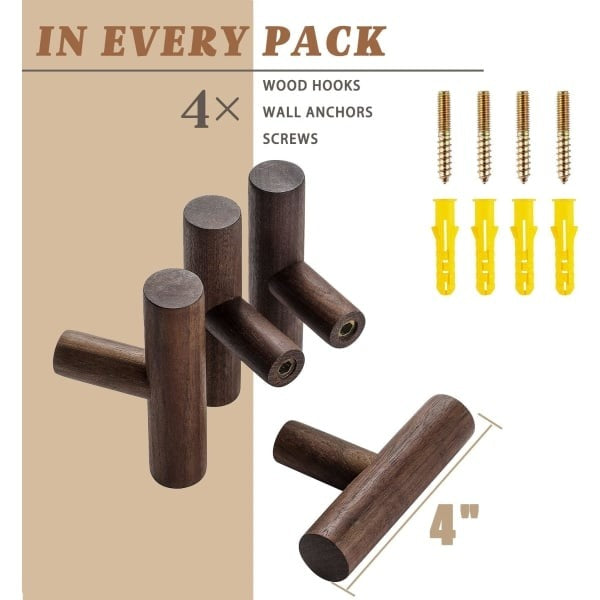 Väggmonterad Klädhängare i Valnötsträ 4-pack